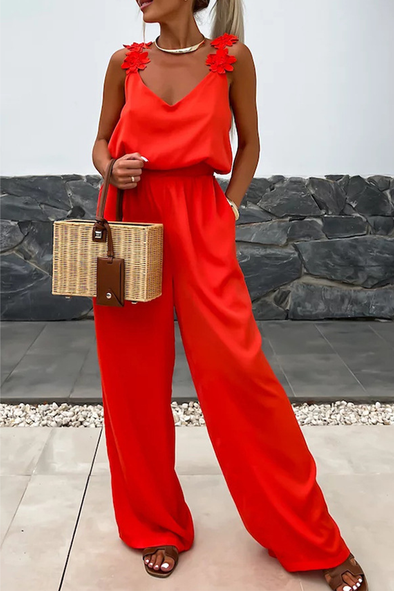 Combinaisons amples décontractées à porter au quotidien, avec poches, en forme de fleur, col en V (3 couleurs)