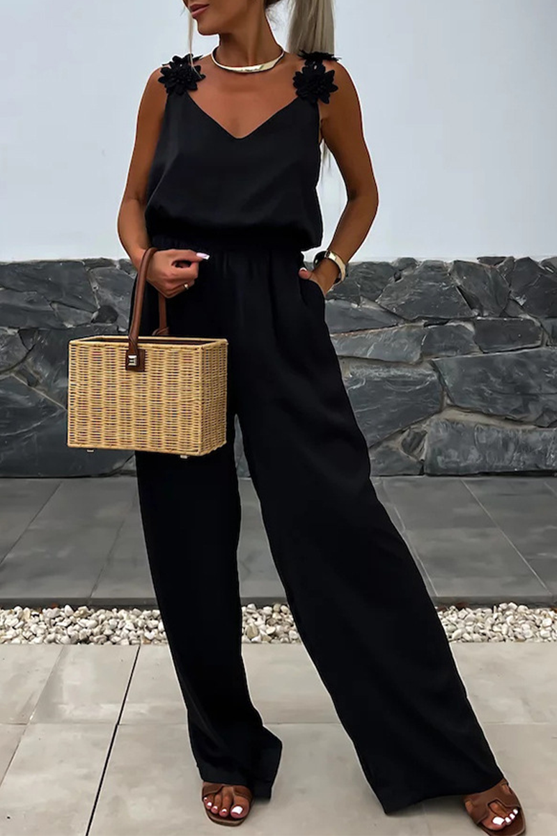 Combinaisons amples décontractées à porter au quotidien, avec poches, en forme de fleur, col en V (3 couleurs)