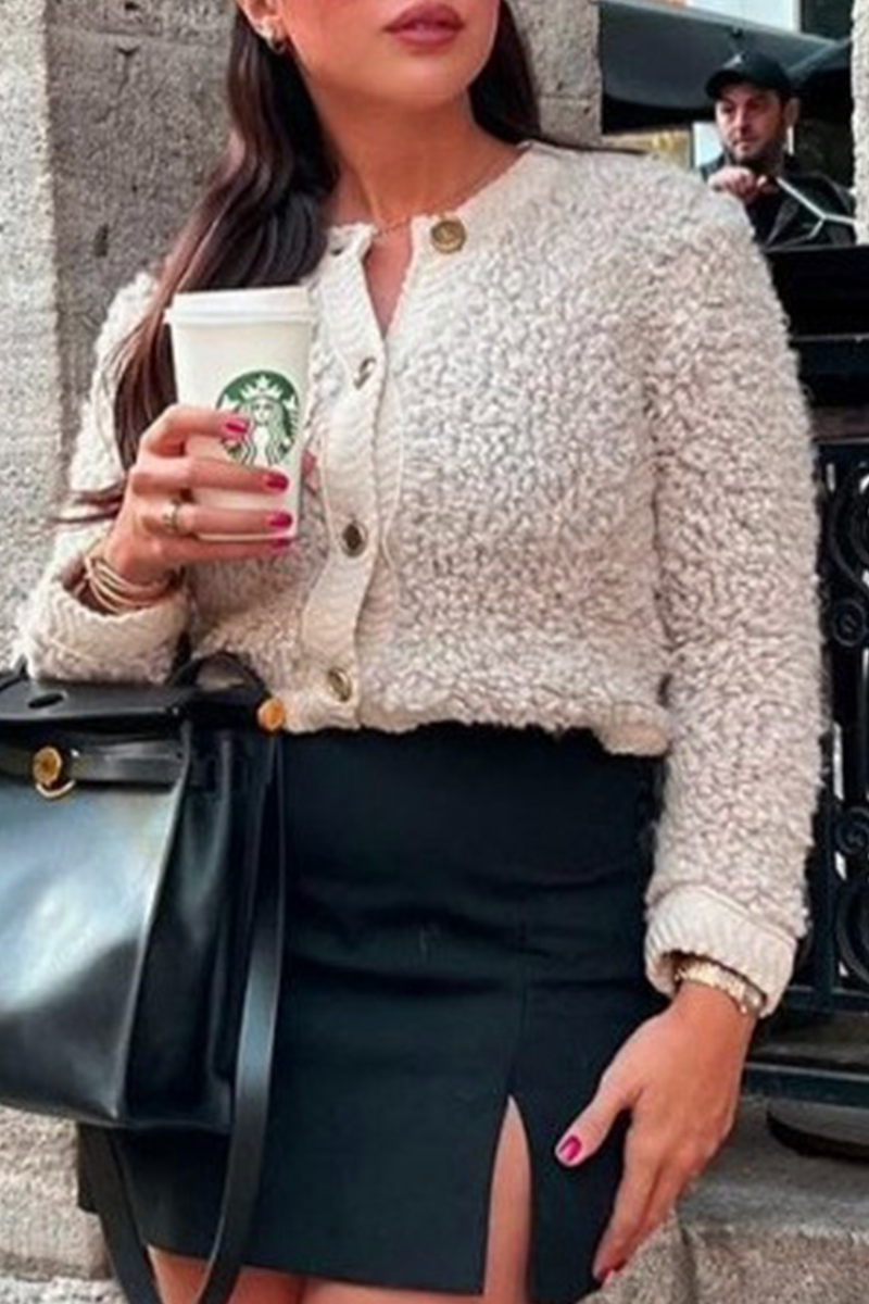 Vêtements d'extérieur décontractés, couleur unie, boutons, col rond.