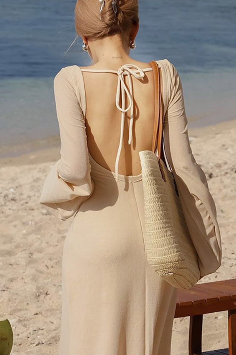 Robes-jupes sexy de vacances, couleur unie, dos nu, col carré, à lacets.