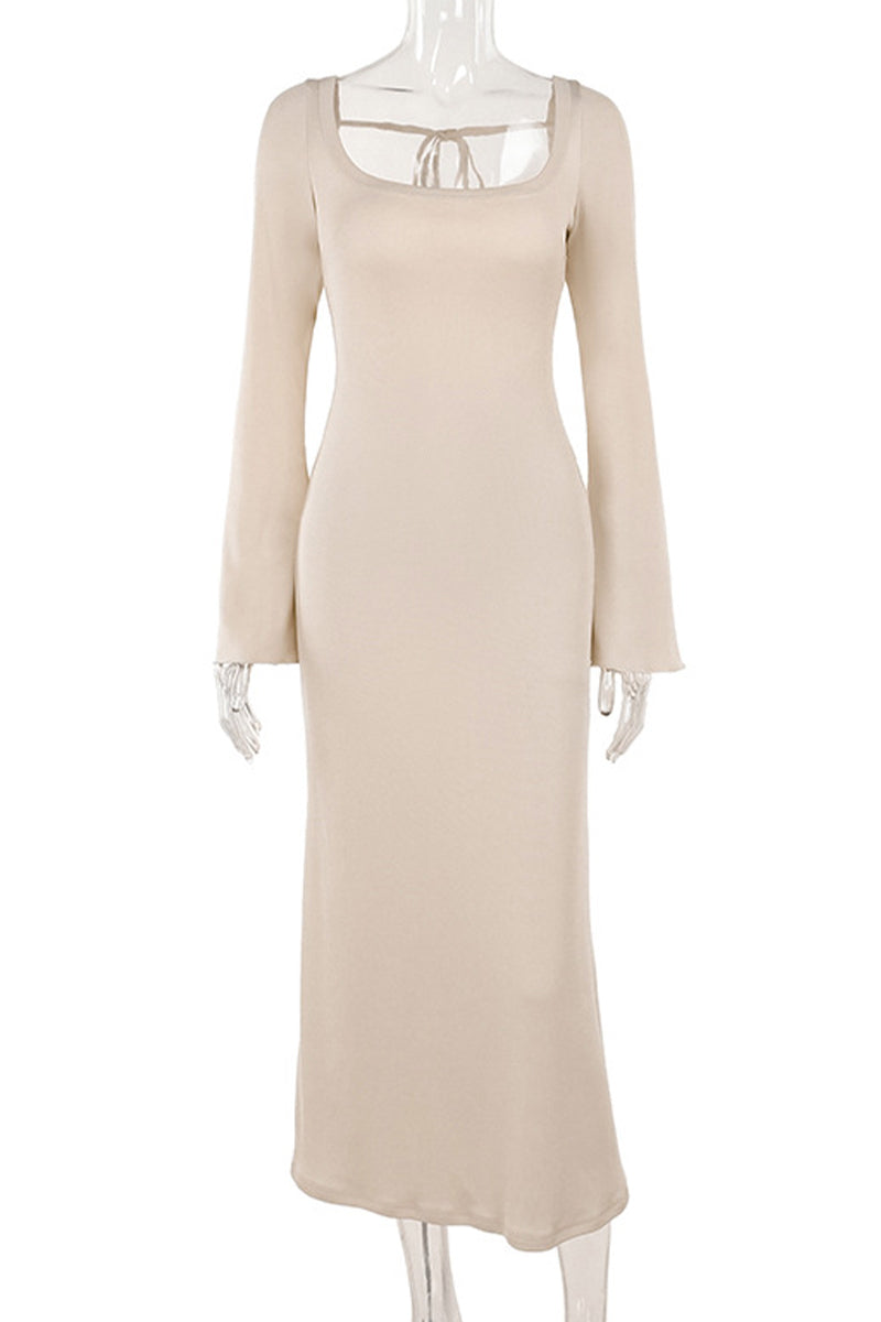 Robes-jupes sexy de vacances, couleur unie, dos nu, col carré, à lacets.