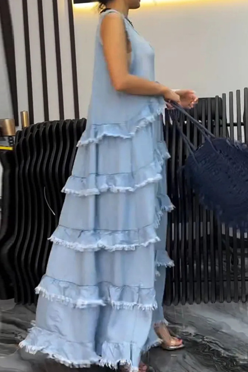 Robes en jean délavées, casual, sans manches, à col en V et volants (3 couleurs)