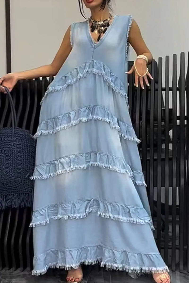 Robes en jean délavées, casual, sans manches, à col en V et volants (3 couleurs)