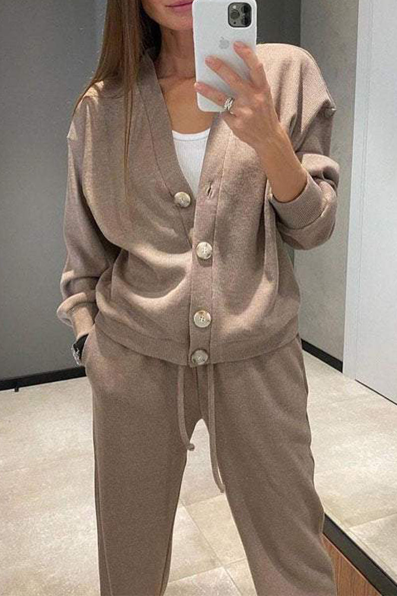 Tenue décontractée, couleur unie, poches, lacets, boutons, col en V, manches longues, deux pièces (5 couleurs)