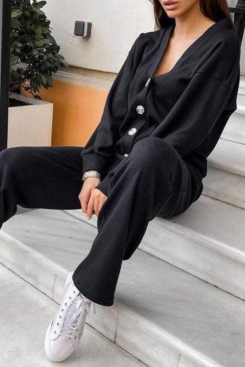 Tenue décontractée, couleur unie, poches, lacets, boutons, col en V, manches longues, deux pièces (5 couleurs)