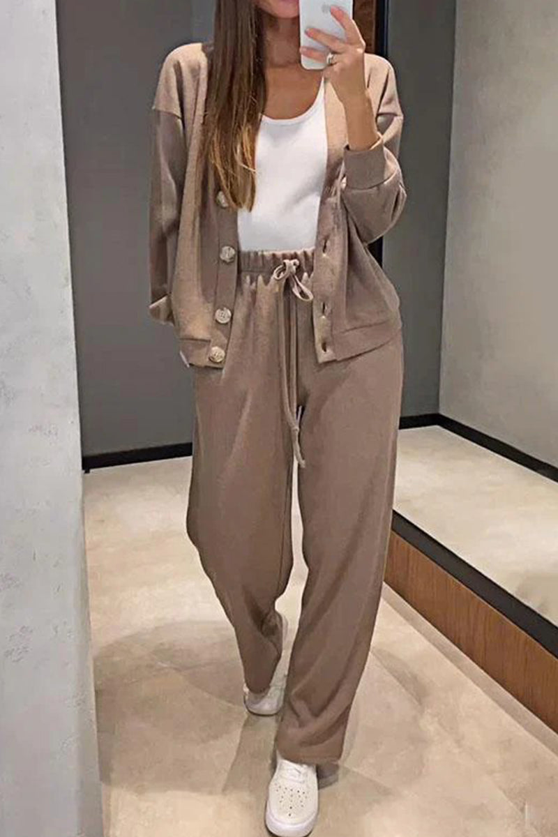 Tenue décontractée, couleur unie, poches, lacets, boutons, col en V, manches longues, deux pièces (5 couleurs)