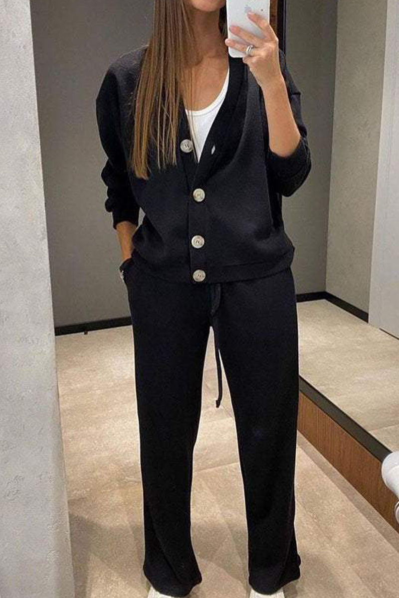 Tenue décontractée, couleur unie, poches, lacets, boutons, col en V, manches longues, deux pièces (5 couleurs)