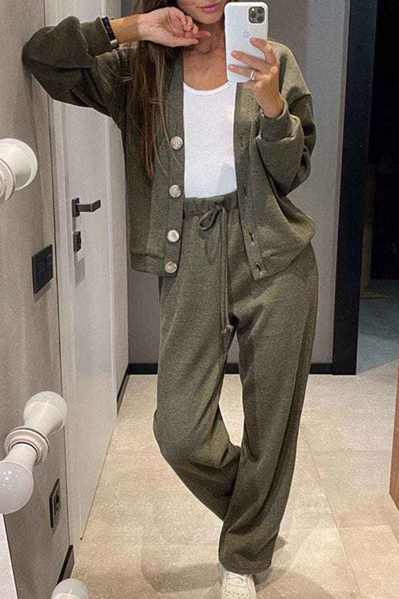 Tenue décontractée, couleur unie, poches, lacets, boutons, col en V, manches longues, deux pièces (5 couleurs)