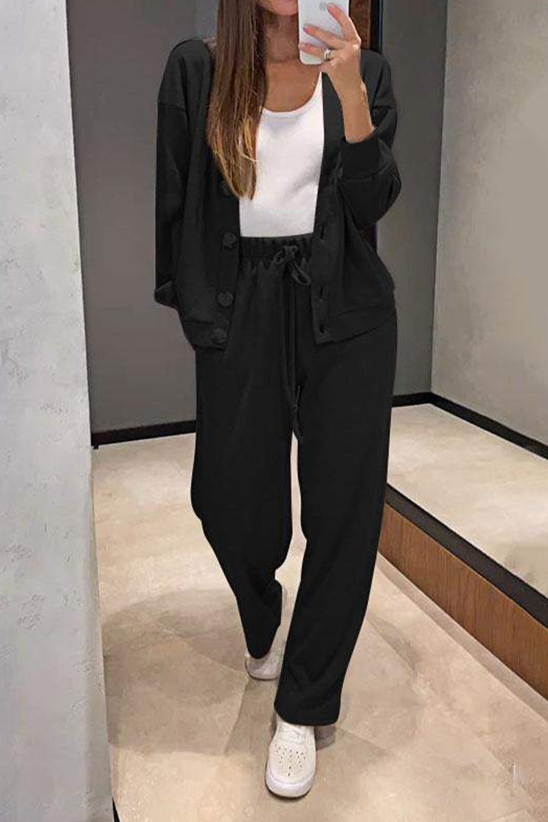 Tenue décontractée, couleur unie, poches, lacets, boutons, col en V, manches longues, deux pièces (5 couleurs)