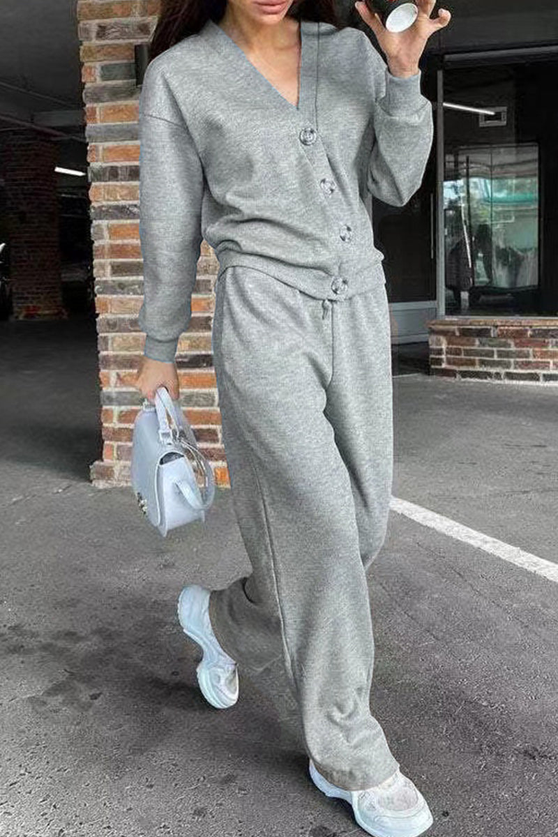 Tenue décontractée, couleur unie, poches, lacets, boutons, col en V, manches longues, deux pièces (5 couleurs)