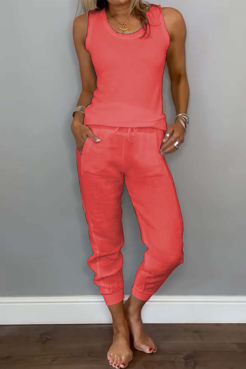 Tenue décontractée, deux pièces, couleur unie, cordon de serrage, poches, lacets, col en U, sans manches (6 couleurs)