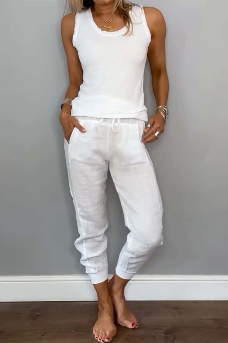 Tenue décontractée, deux pièces, couleur unie, cordon de serrage, poches, lacets, col en U, sans manches (6 couleurs)