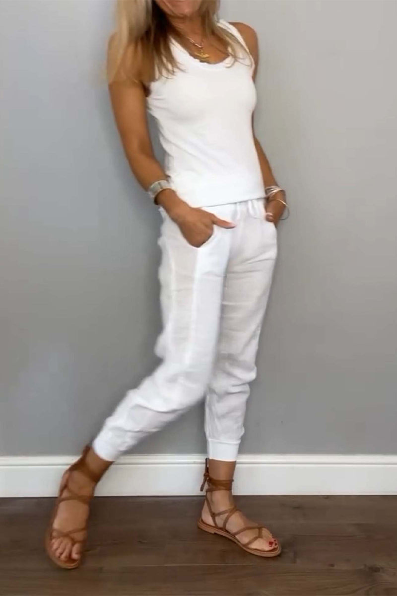 Tenue décontractée, deux pièces, couleur unie, cordon de serrage, poches, lacets, col en U, sans manches (6 couleurs)