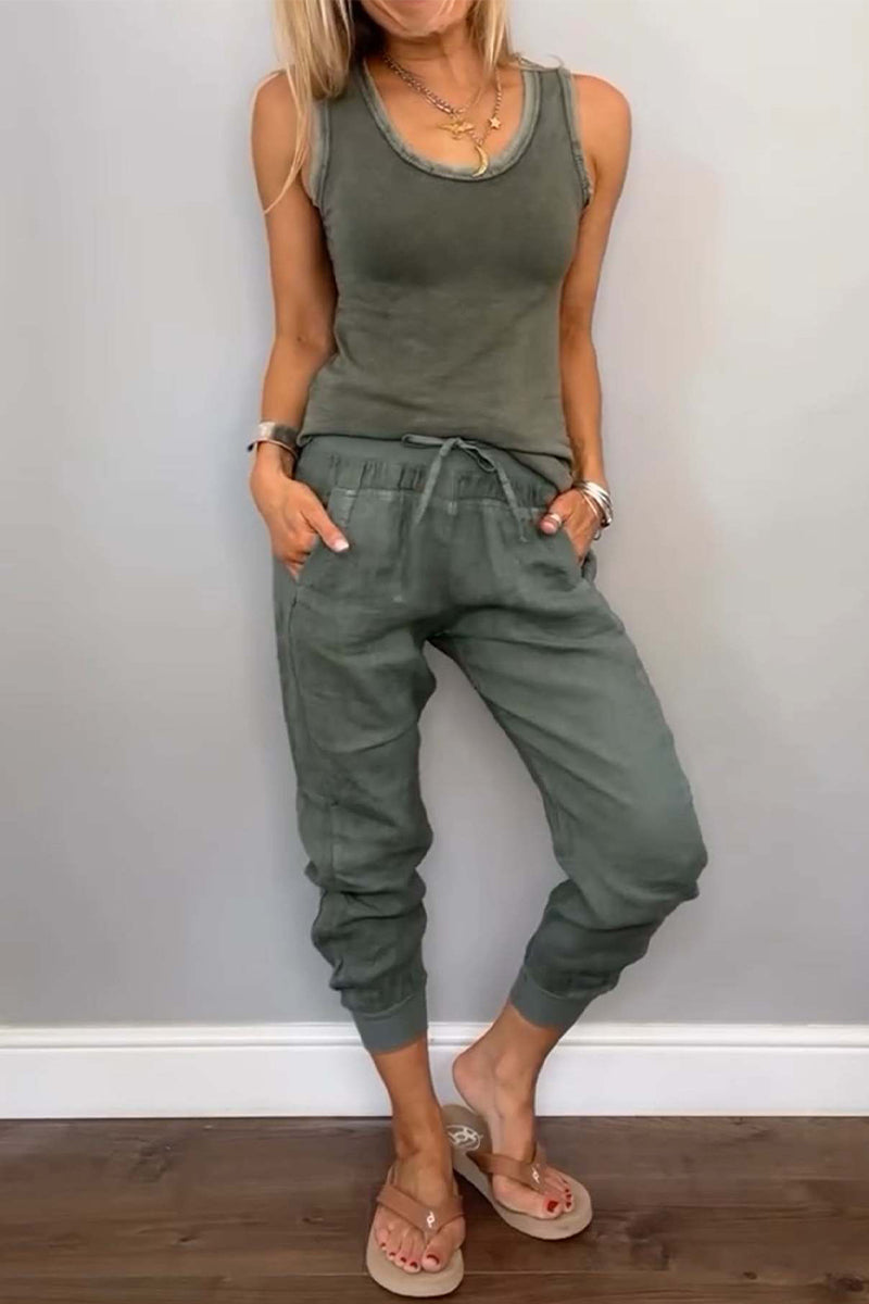 Tenue décontractée, deux pièces, couleur unie, cordon de serrage, poches, lacets, col en U, sans manches (6 couleurs)