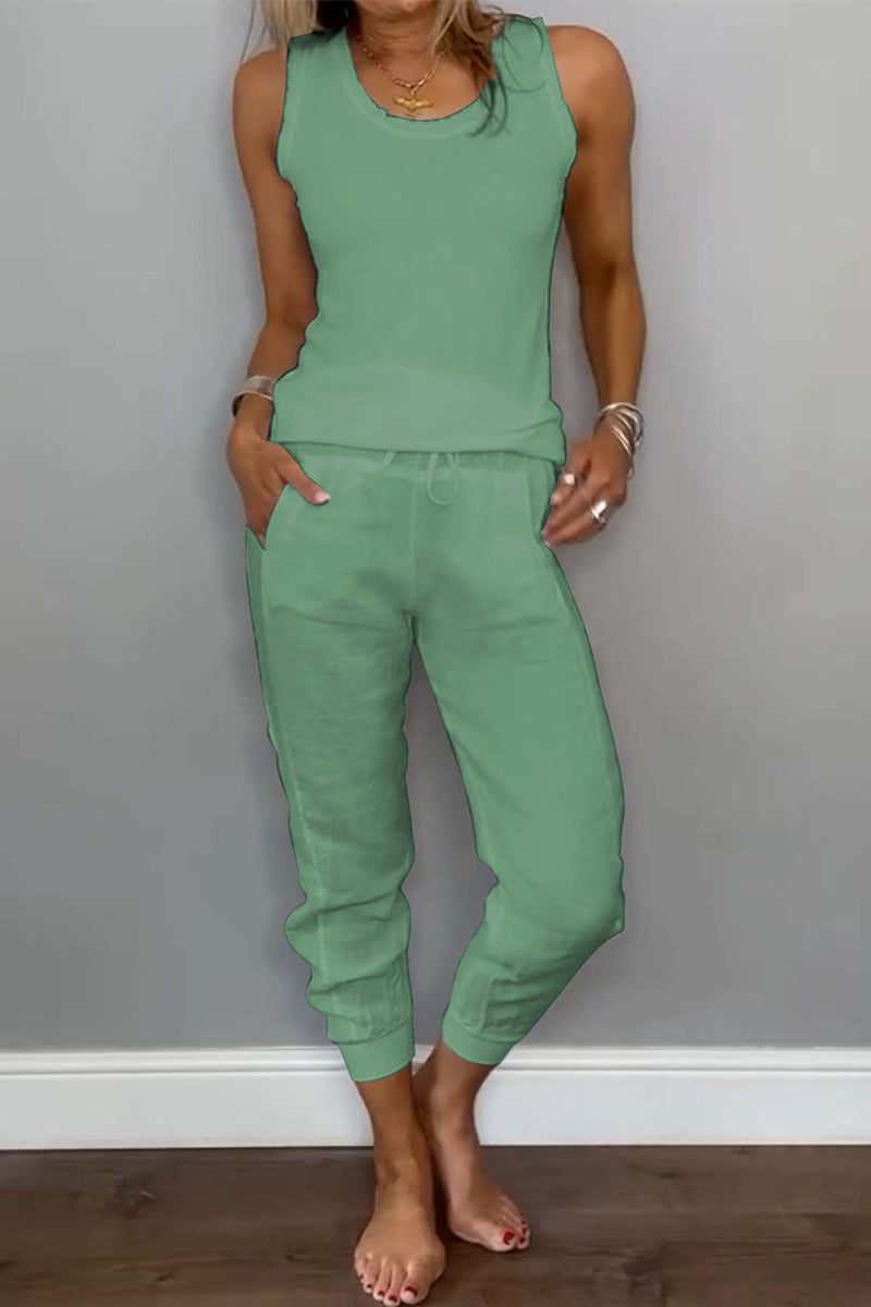 Tenue décontractée, deux pièces, couleur unie, cordon de serrage, poches, lacets, col en U, sans manches (6 couleurs)