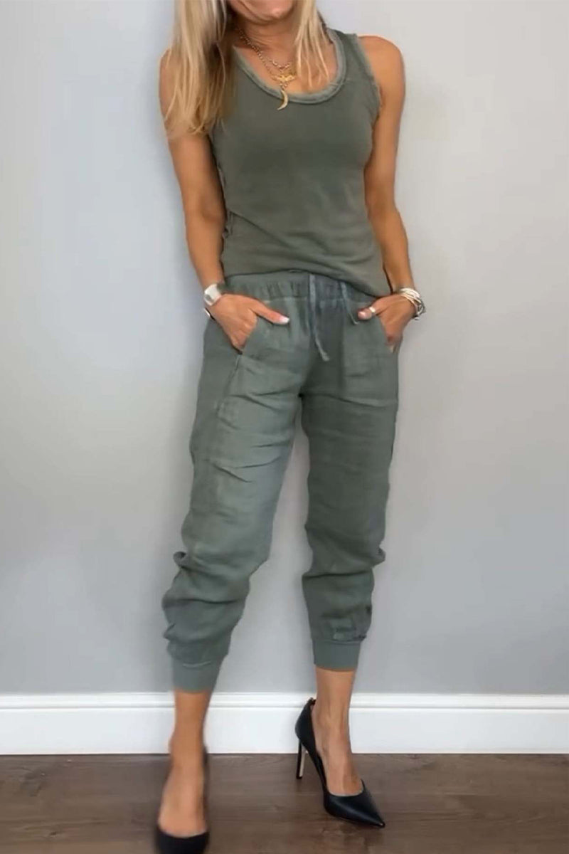 Tenue décontractée, deux pièces, couleur unie, cordon de serrage, poches, lacets, col en U, sans manches (6 couleurs)