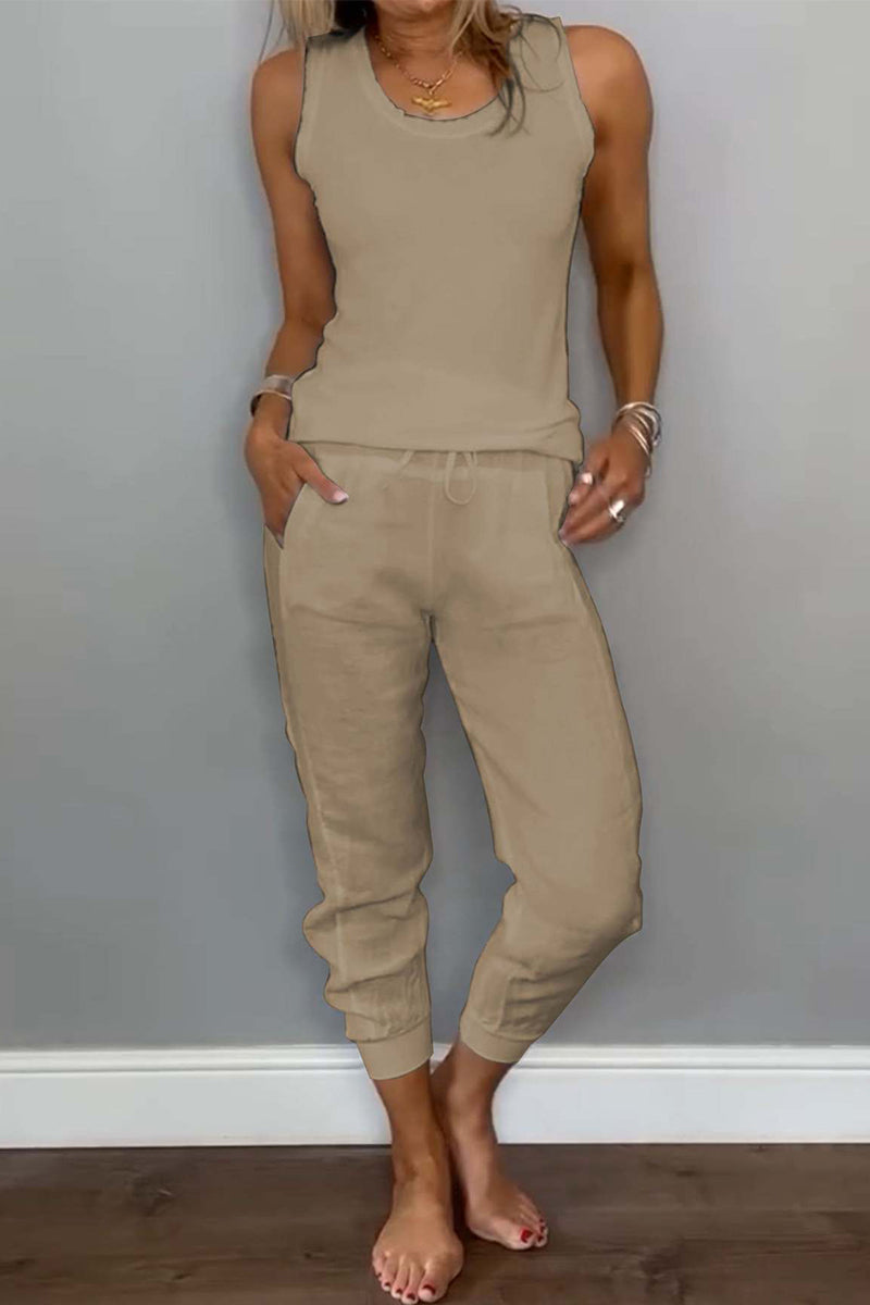 Tenue décontractée, deux pièces, couleur unie, cordon de serrage, poches, lacets, col en U, sans manches (6 couleurs)