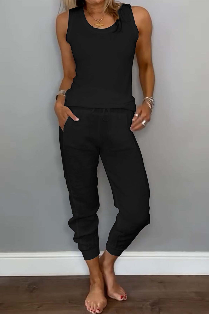 Tenue décontractée, deux pièces, couleur unie, cordon de serrage, poches, lacets, col en U, sans manches (6 couleurs)