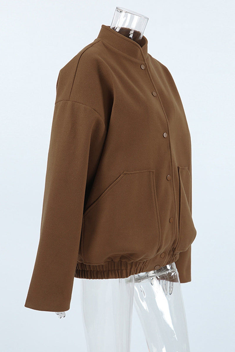 Vêtements d'extérieur décontractés, unis, à poches, à col montant, à boutons.