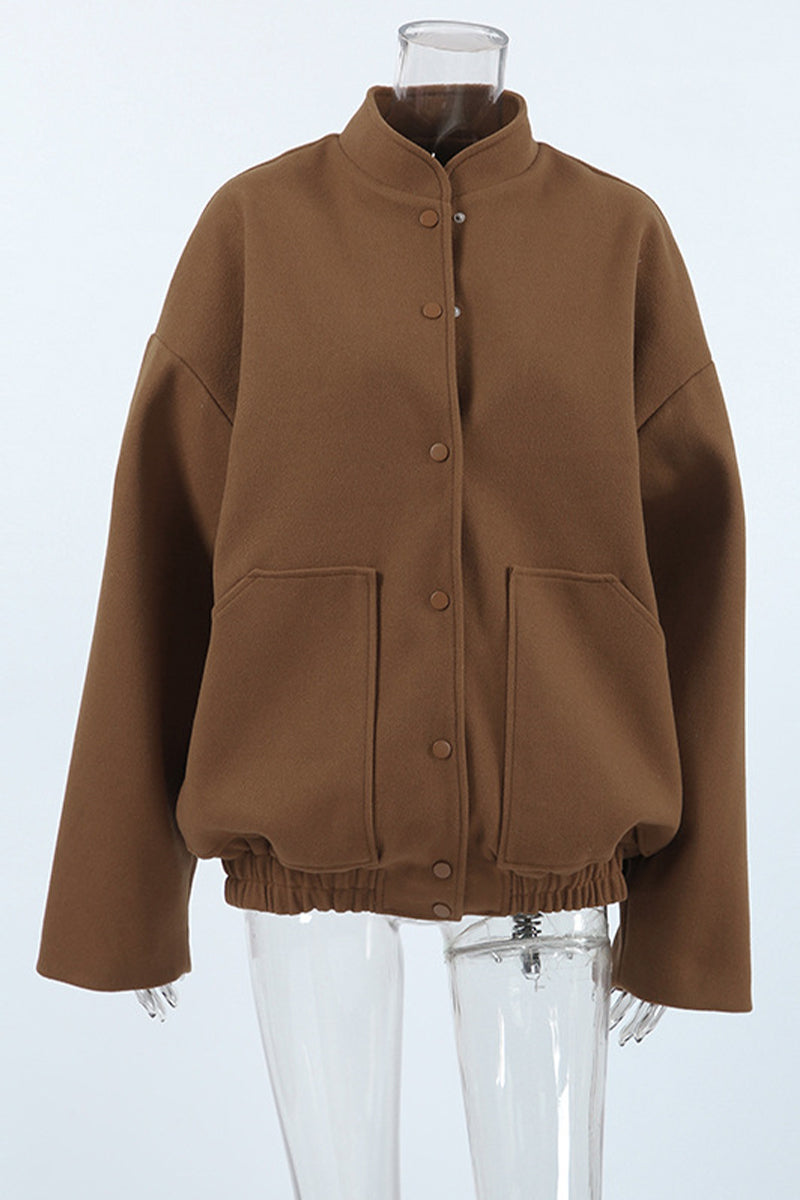 Vêtements d'extérieur décontractés, unis, à poches, à col montant, à boutons.