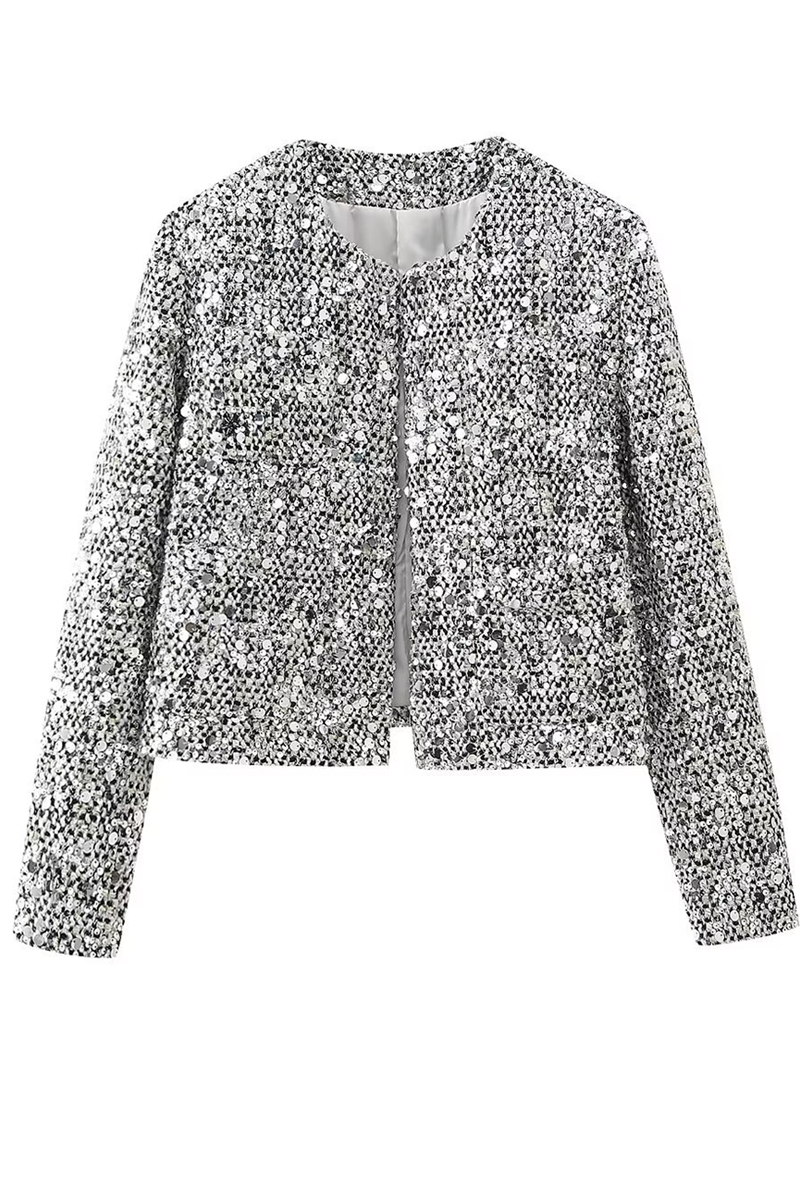 Vêtements d'extérieur décontractés à col rond, en patchwork avec paillettes, couleur unie.