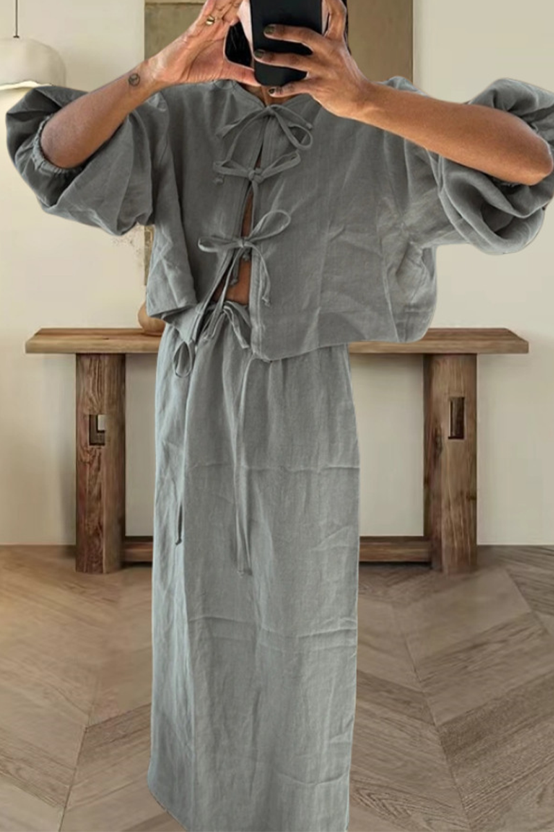 Tenue décontractée, couleur unie, col rond, manches longues, à lacets, deux pièces (4 couleurs)