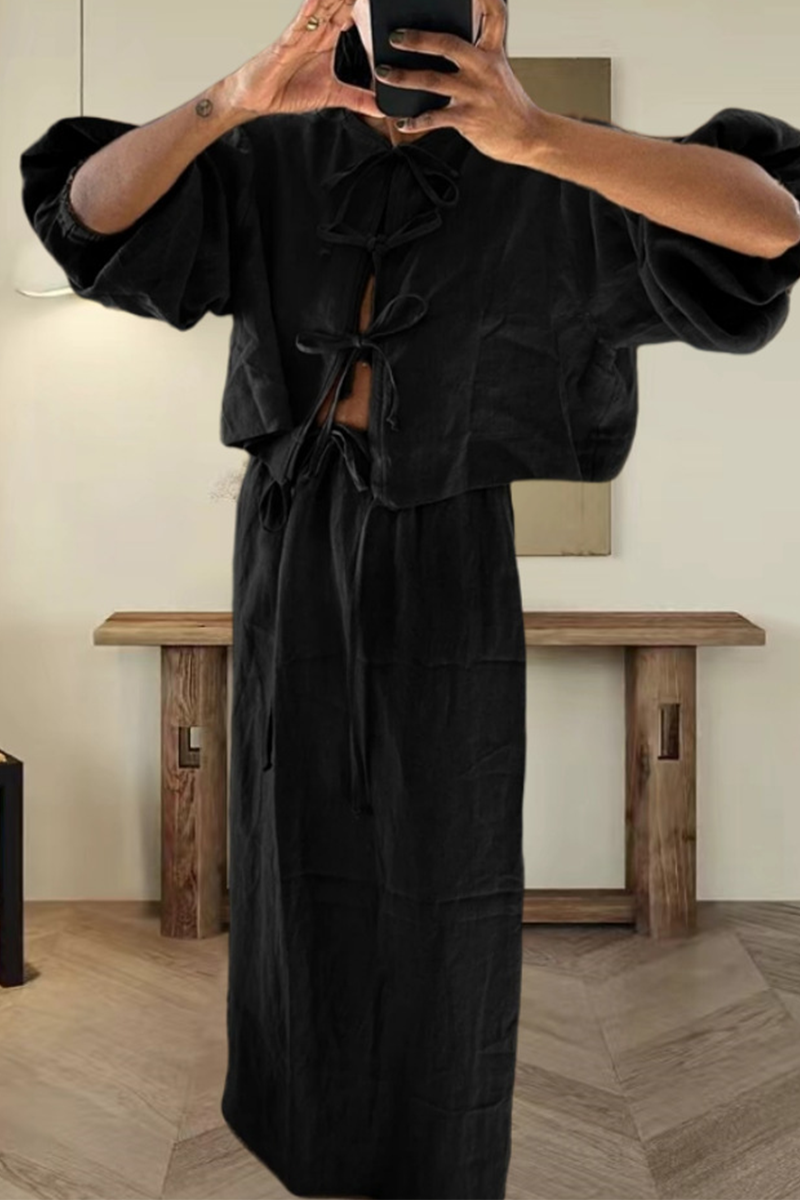 Tenue décontractée, couleur unie, col rond, manches longues, à lacets, deux pièces (4 couleurs)