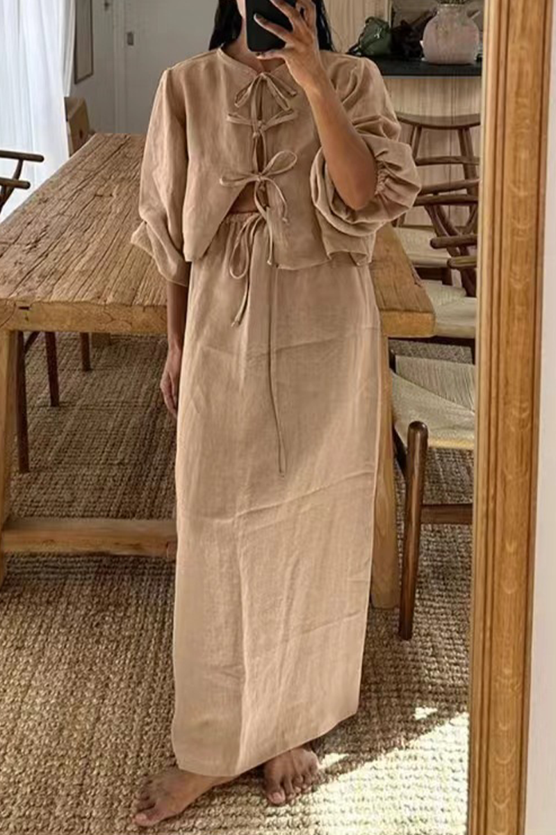 Tenue décontractée, couleur unie, col rond, manches longues, à lacets, deux pièces (4 couleurs)