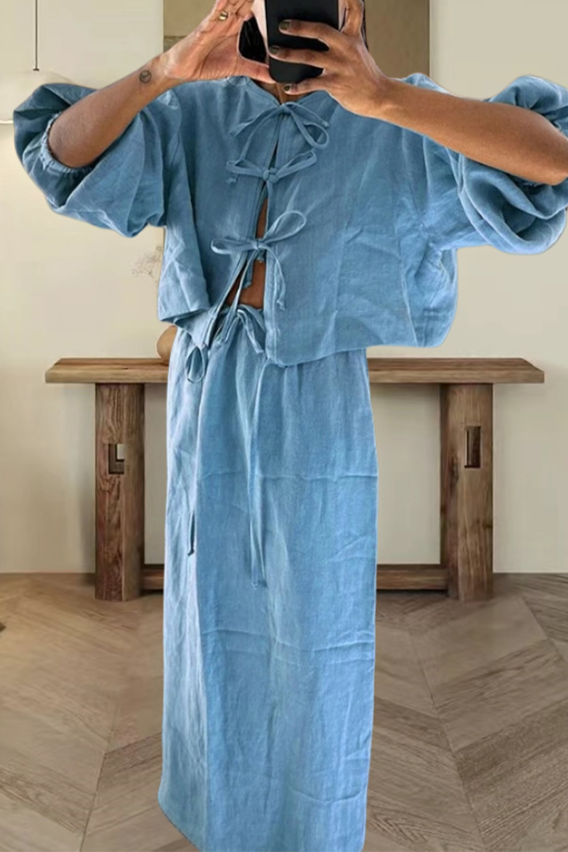 Tenue décontractée, couleur unie, col rond, manches longues, à lacets, deux pièces (4 couleurs)