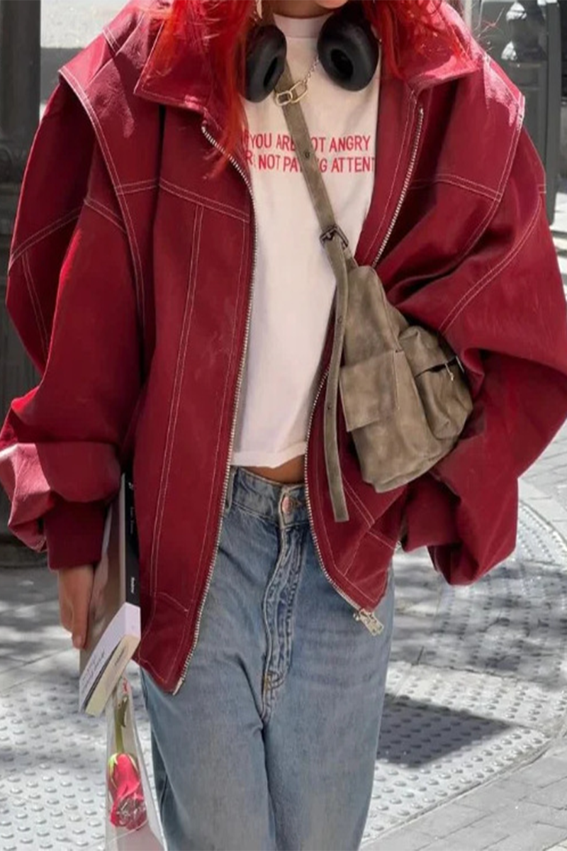 Vêtements d'extérieur décontractés, style streetwear, couleur unie, patchwork, fermeture éclair, col montant.