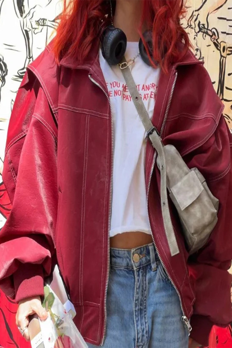 Vêtements d'extérieur décontractés, style streetwear, couleur unie, patchwork, fermeture éclair, col montant.