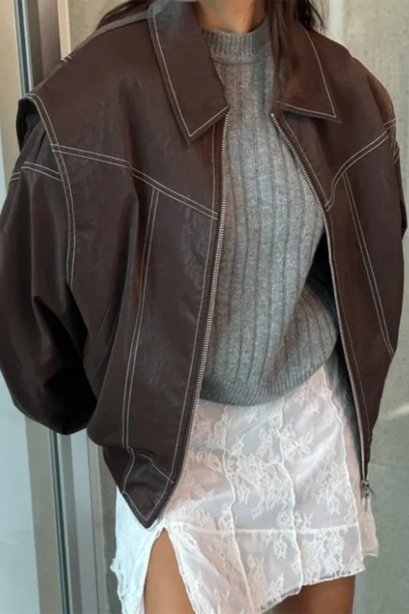 Vêtements d'extérieur décontractés, style streetwear, couleur unie, patchwork, fermeture éclair, col montant.