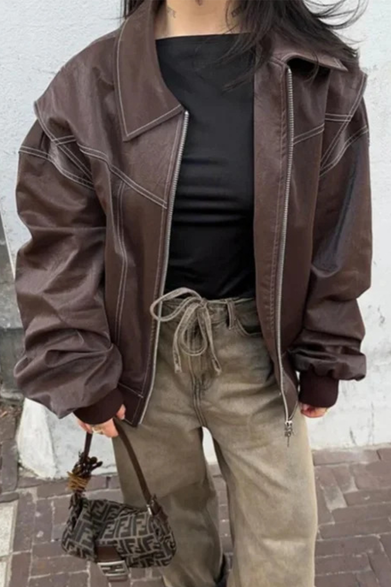 Vêtements d'extérieur décontractés, style streetwear, couleur unie, patchwork, fermeture éclair, col montant.