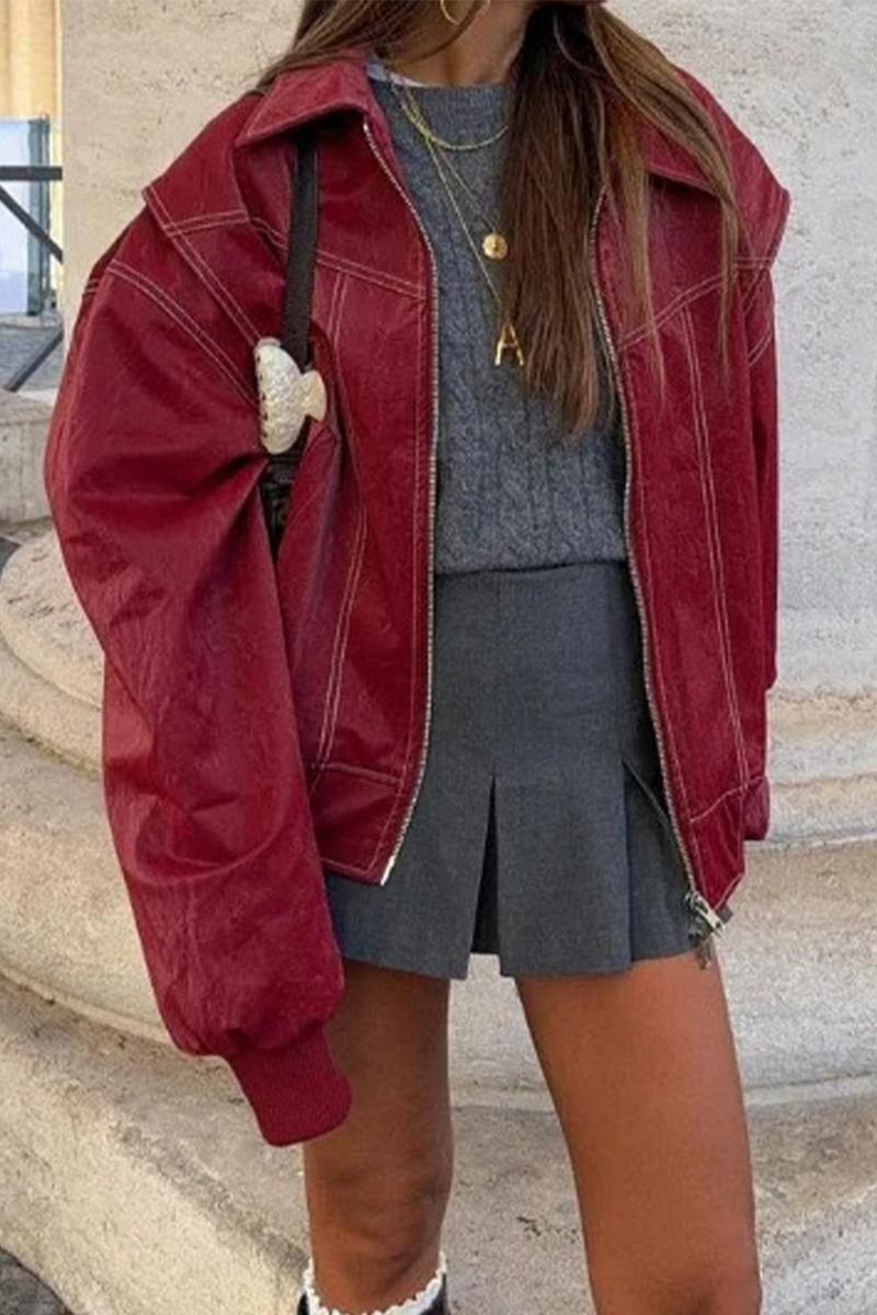 Vêtements d'extérieur décontractés, style streetwear, couleur unie, patchwork, fermeture éclair, col montant.