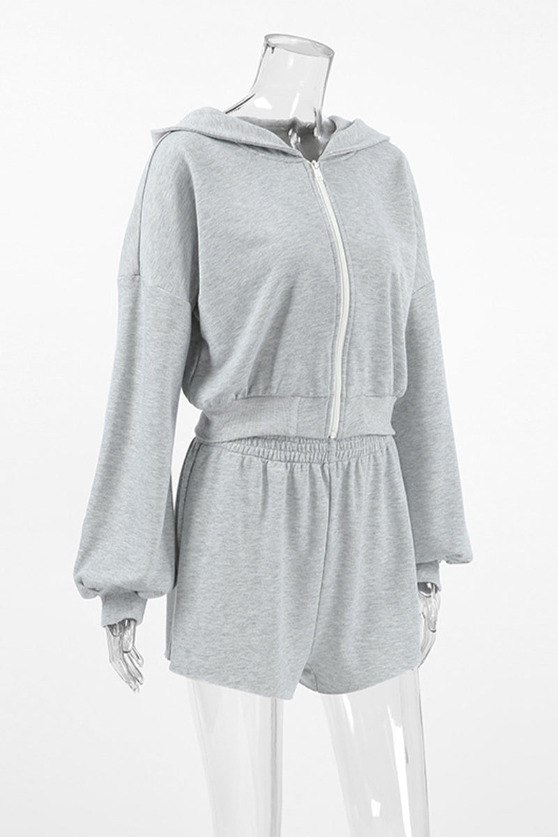 Casual Sportswear Solid Color Zipper Hooded Long Sleeve Two Pieces