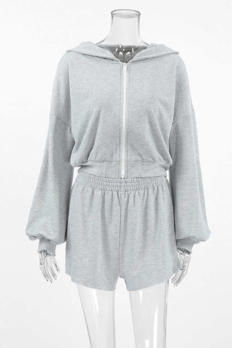 Casual Sportswear Solid Color Zipper Hooded Long Sleeve Two Pieces