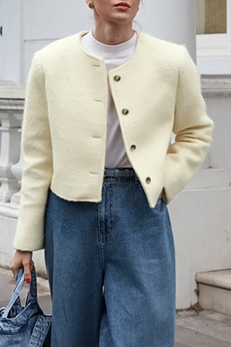 Vêtements d'extérieur décontractés, couleur unie, boutons, col rond.