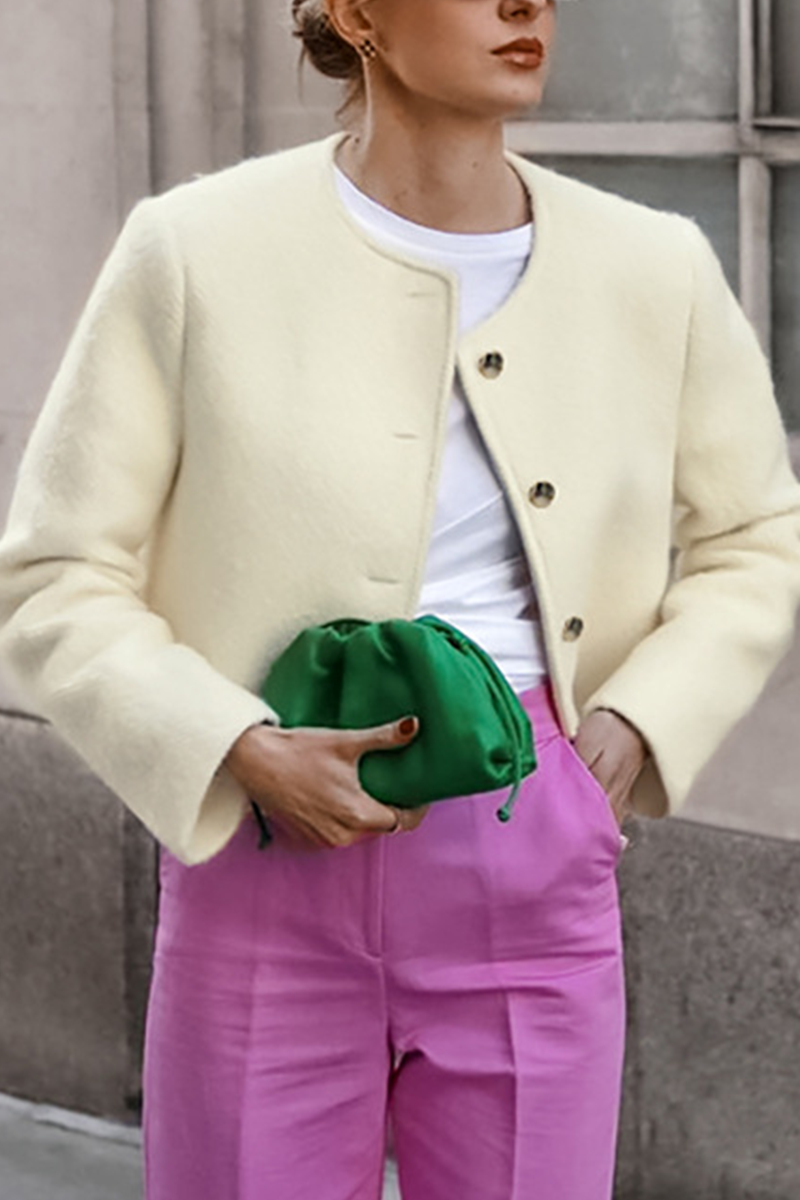 Vêtements d'extérieur décontractés, couleur unie, boutons, col rond.