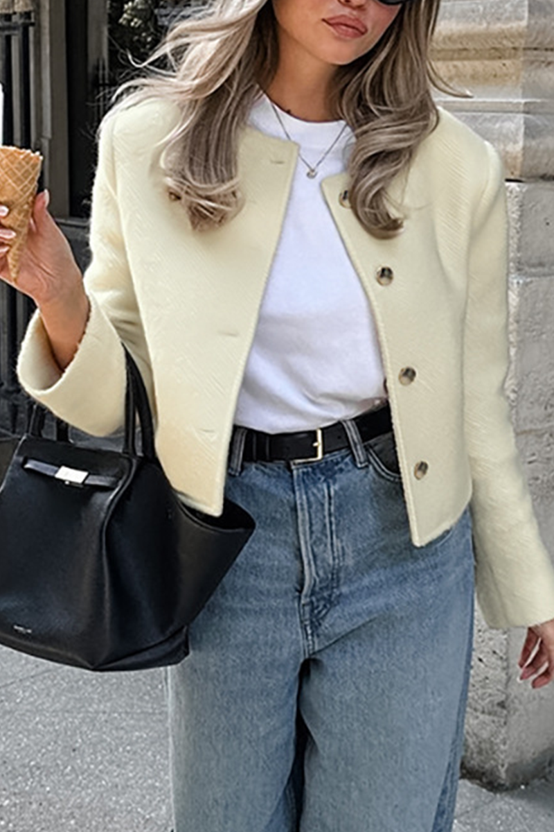 Vêtements d'extérieur décontractés, couleur unie, boutons, col rond.