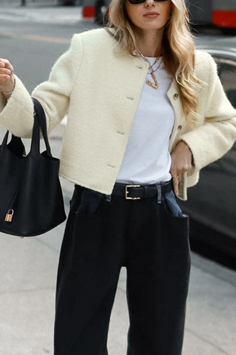 Vêtements d'extérieur décontractés, couleur unie, boutons, col rond.