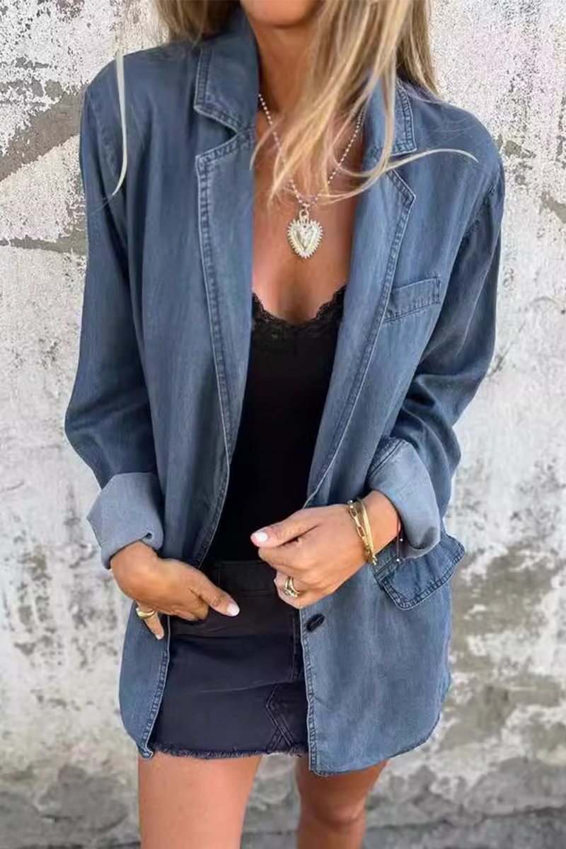 Veste en jean délavée, casual, à manches longues, col montant, boutonnée, avec empiècements (4 couleurs)