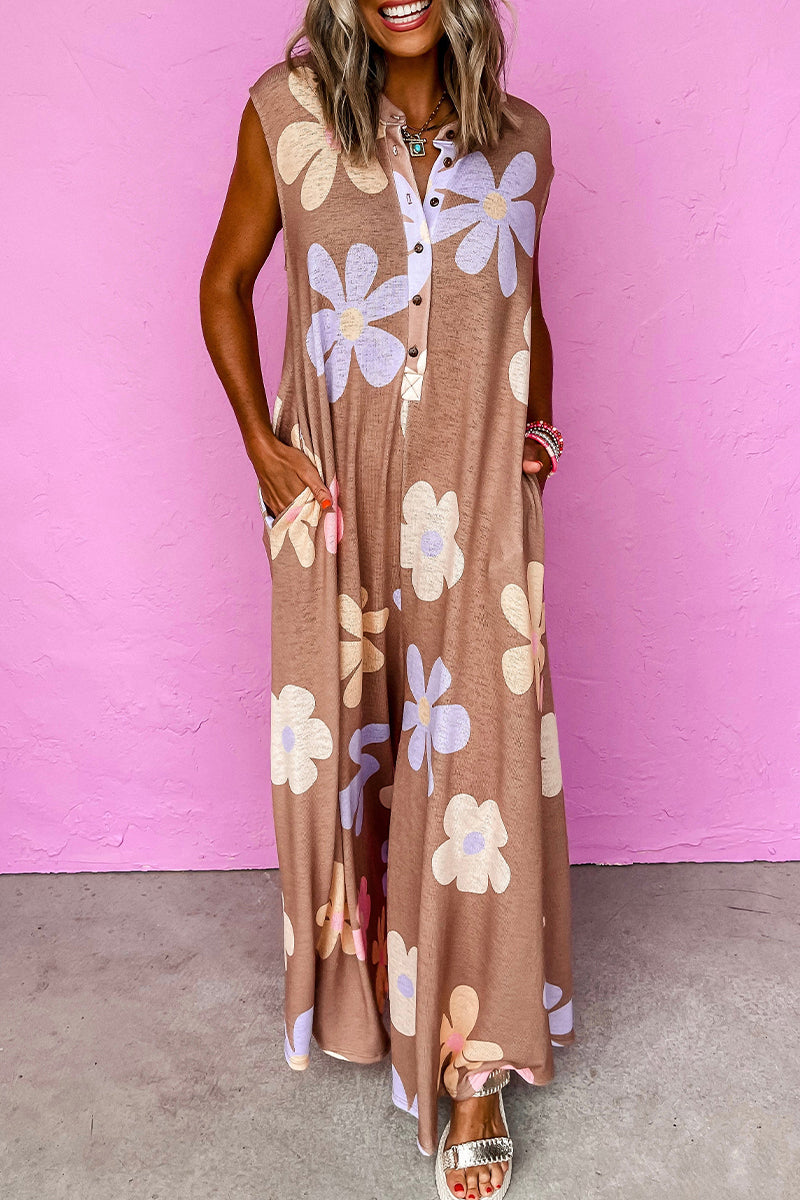 Combinaisons décontractées à fleurs, boutons, col rond et coupe ample.