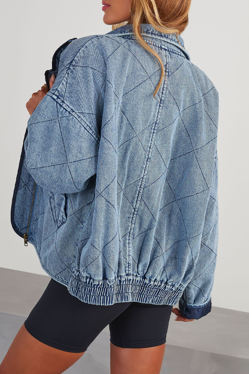 Vêtements d'extérieur décontractés, couleur unie, effet usé, col montant, fermeture éclair.