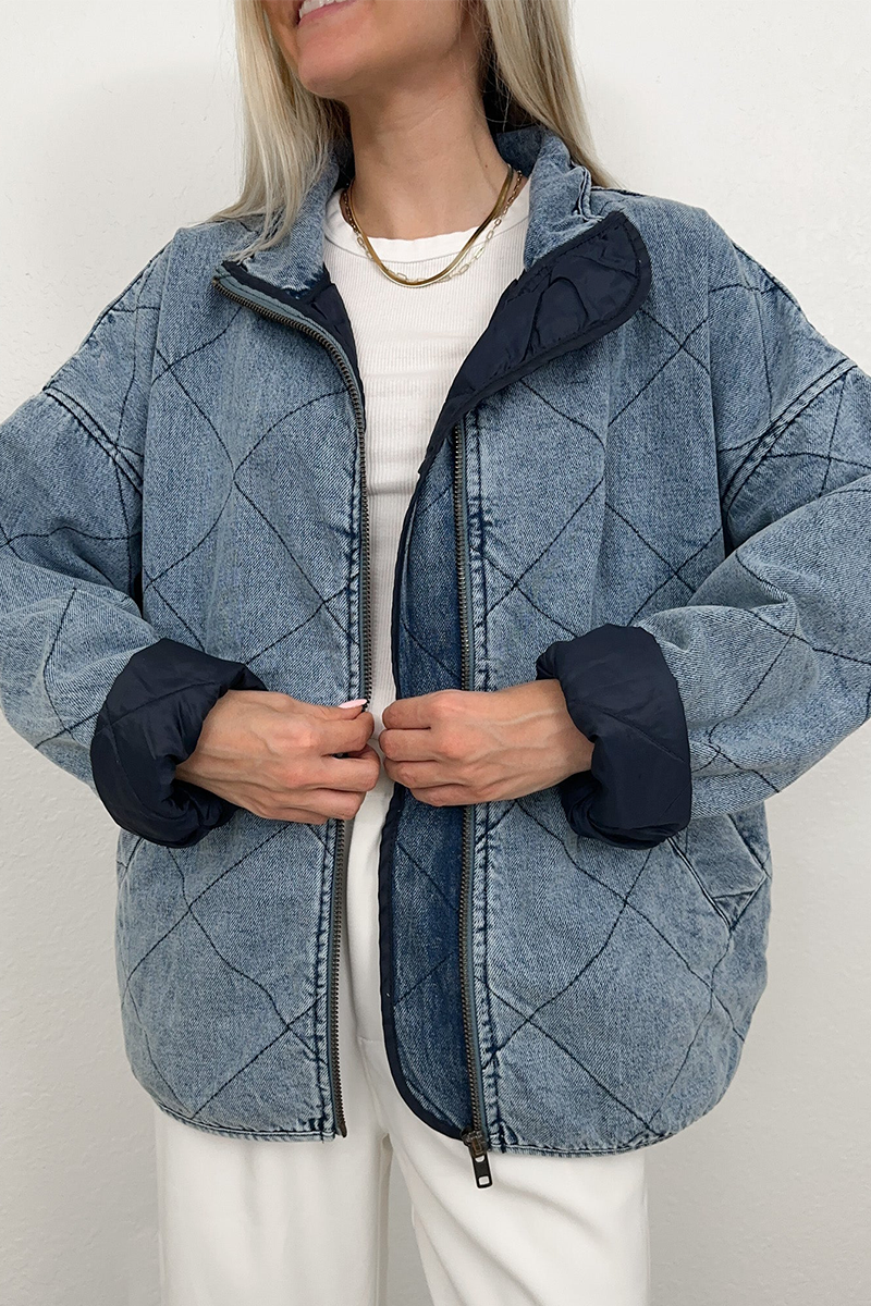 Vêtements d'extérieur décontractés, couleur unie, effet usé, col montant, fermeture éclair.