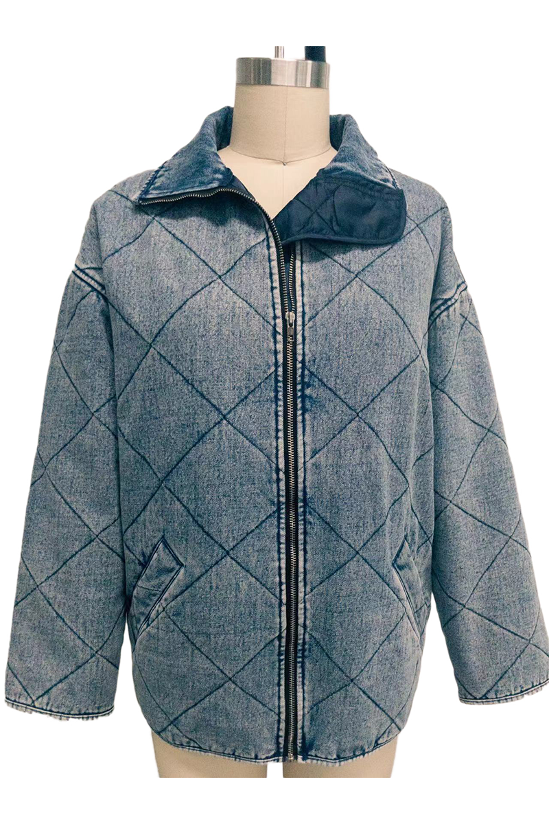 Vêtements d'extérieur décontractés, couleur unie, effet usé, col montant, fermeture éclair.