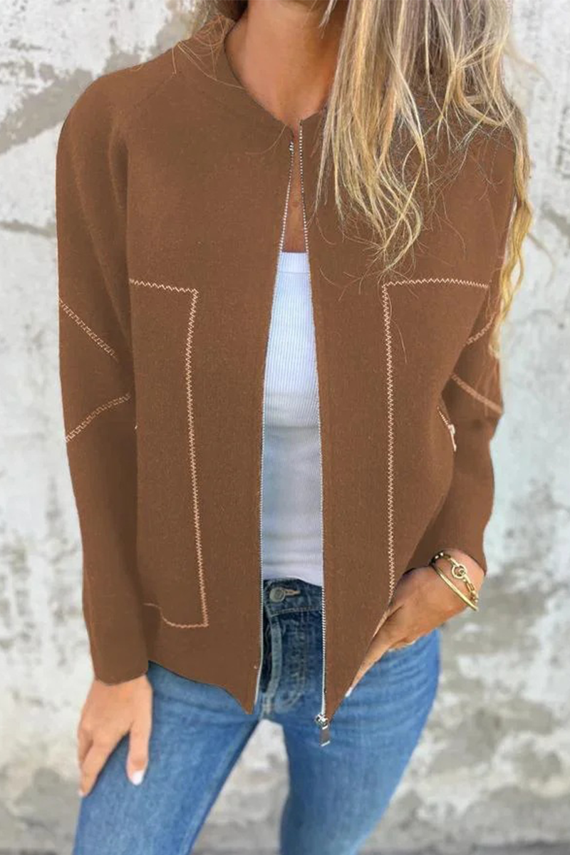 Vêtements d'extérieur décontractés à porter au quotidien, avec poches, patchwork, fermeture éclair et col rond (8 couleurs)