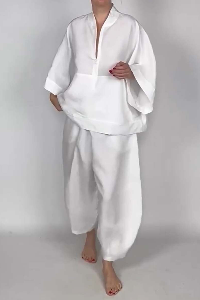 Ensemble deux pièces décontracté à porter au quotidien, avec poches, col zippé et manches longues (5 couleurs)