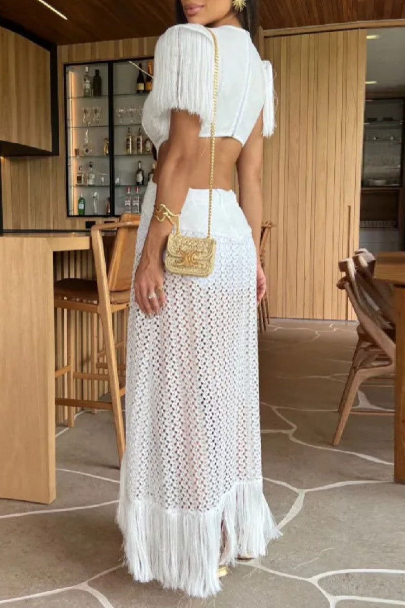 Robes longues sexy pour les vacances, couleur unie, franges décoratives, décolleté en V profond, ajourées.