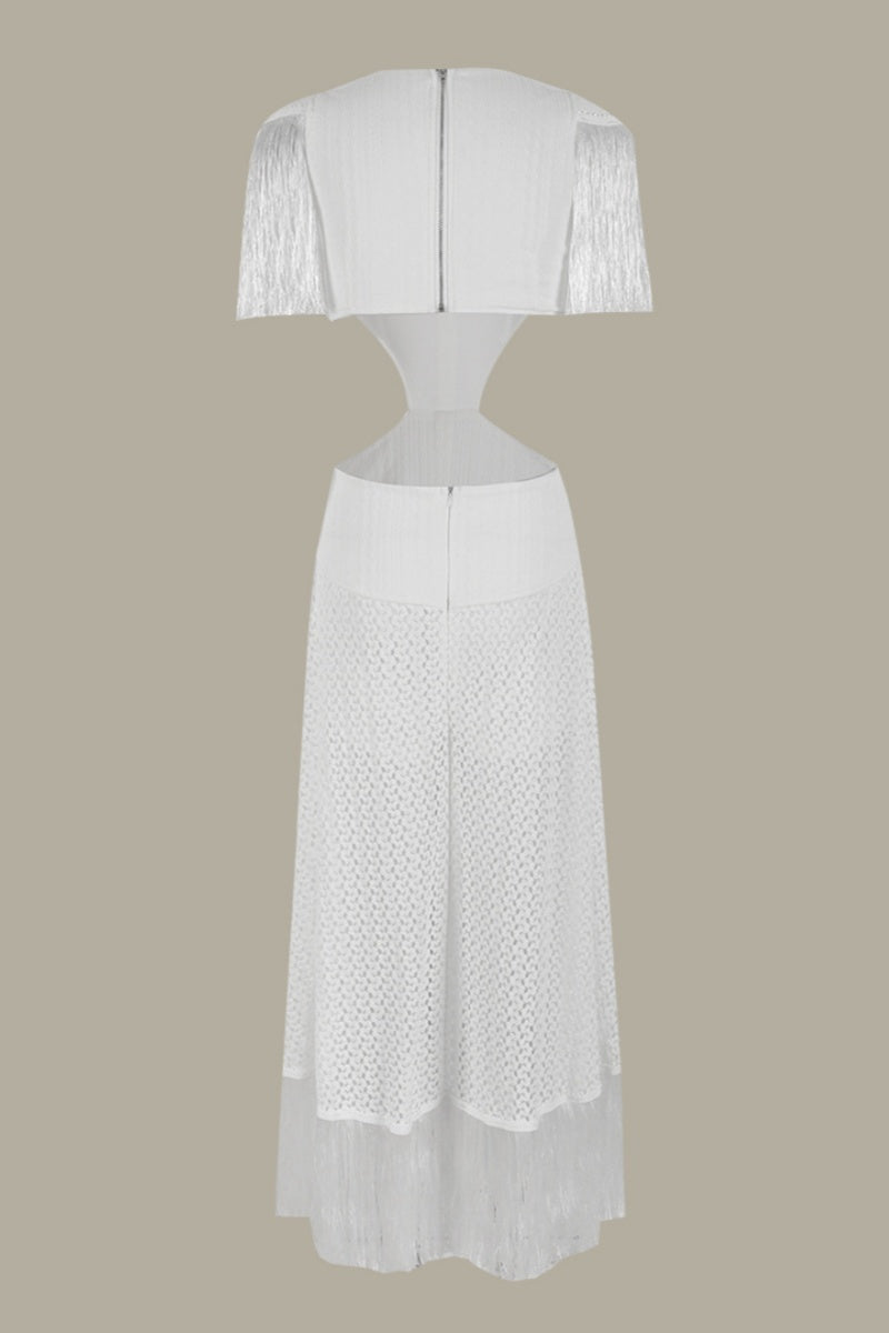 Robes longues sexy pour les vacances, couleur unie, franges décoratives, décolleté en V profond, ajourées.