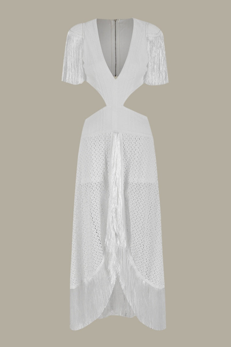 Robes longues sexy pour les vacances, couleur unie, franges décoratives, décolleté en V profond, ajourées.